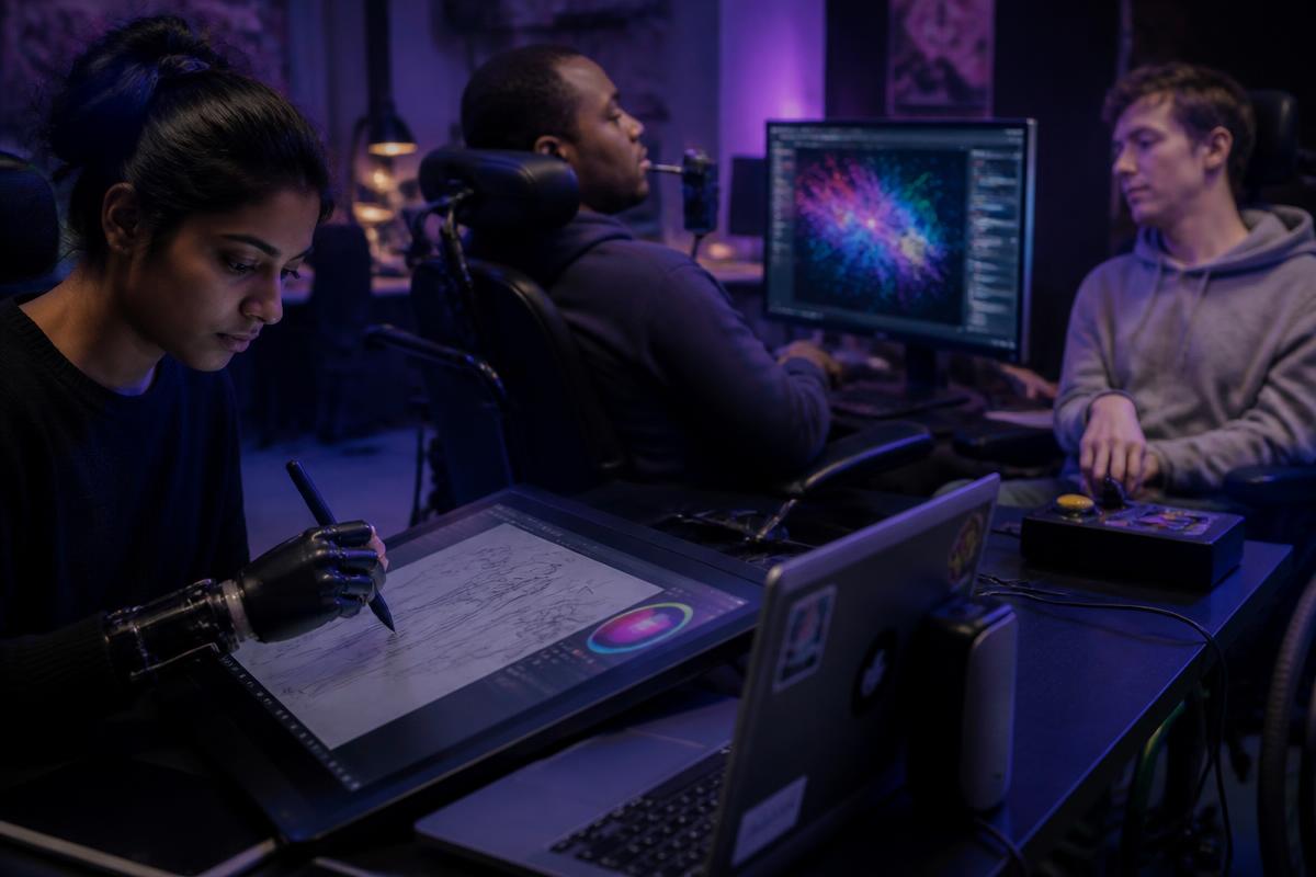 Young disabled makers designing typography and motion graphics in a digital studio